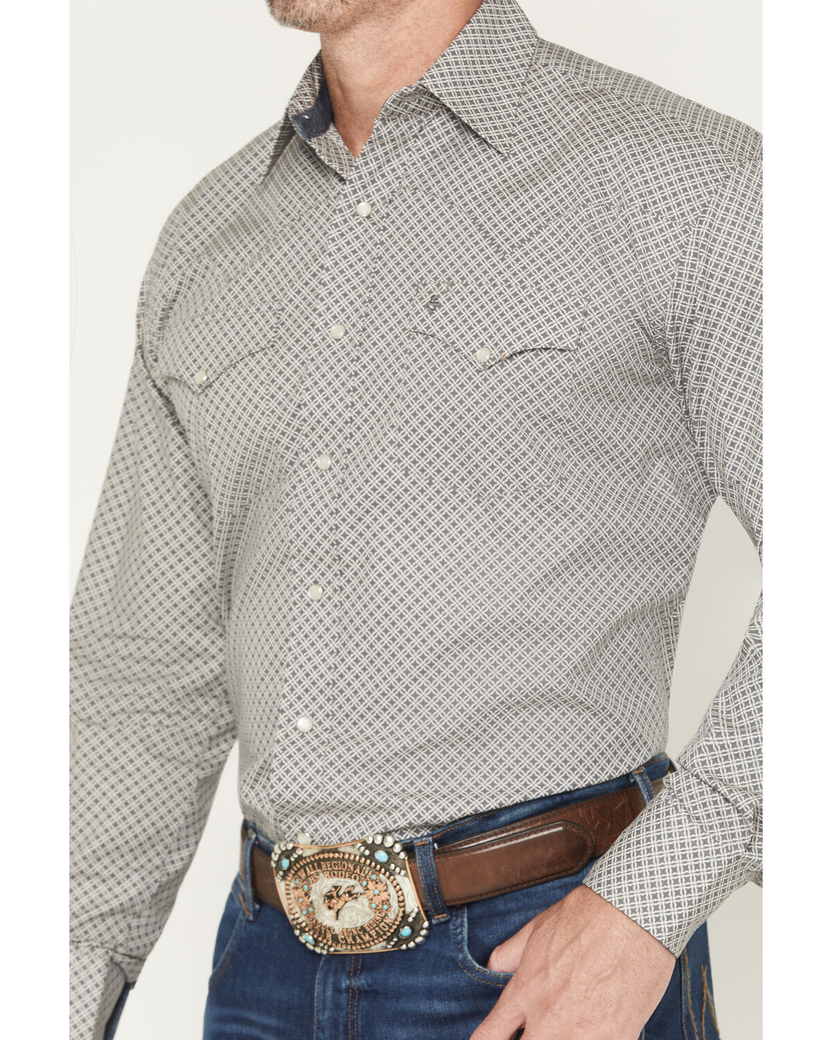Image #3 - Stetson Men's Geo Print Long Sleeve Pearl Snap Western Shirt, Grey, hi-res