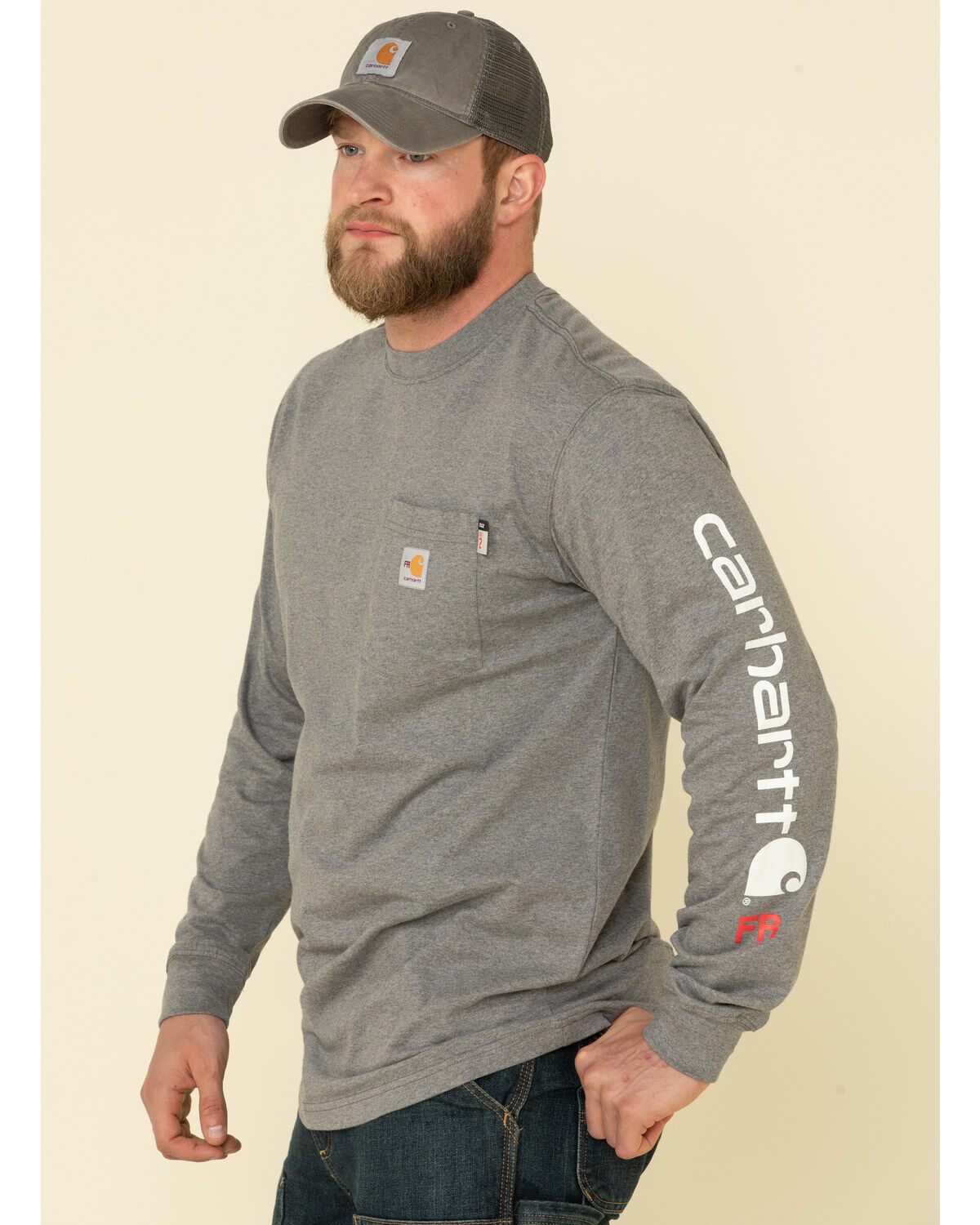 Image #1 - Carhartt Men's M-FR Midweight Signature Logo Long Sleeve Work Shirt - Big, Grey, hi-res