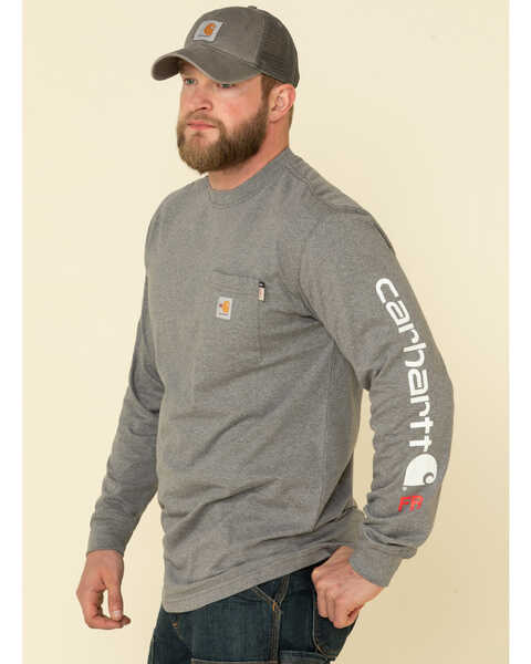 Carhartt Men's M-FR Midweight Signature Logo Long Sleeve Work Shirt - Big , Grey, hi-res