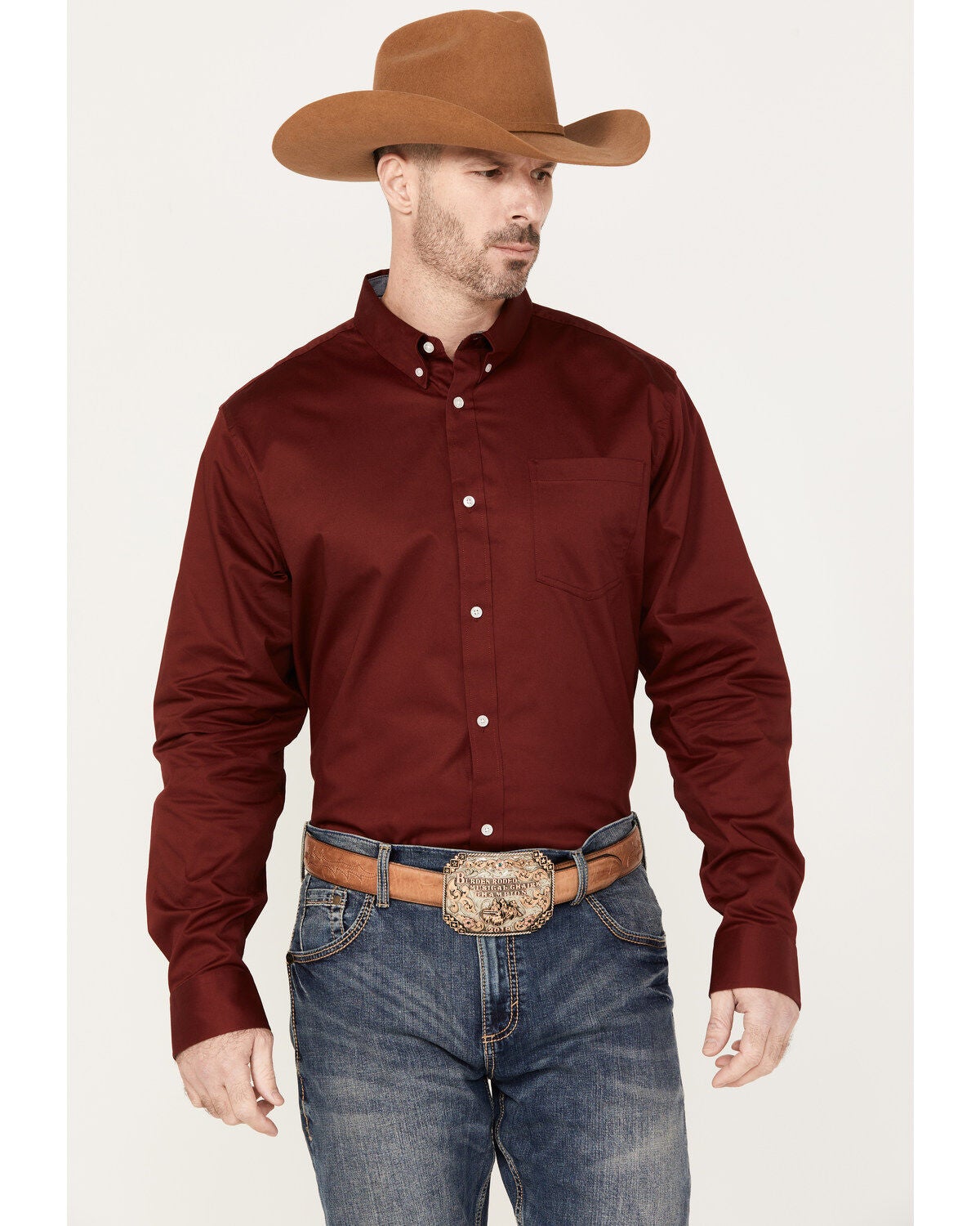 RANK 45&reg; Men's Twill Logo Long Sleeve Button-Down Stretch Western Shirt, Wine, hi-res