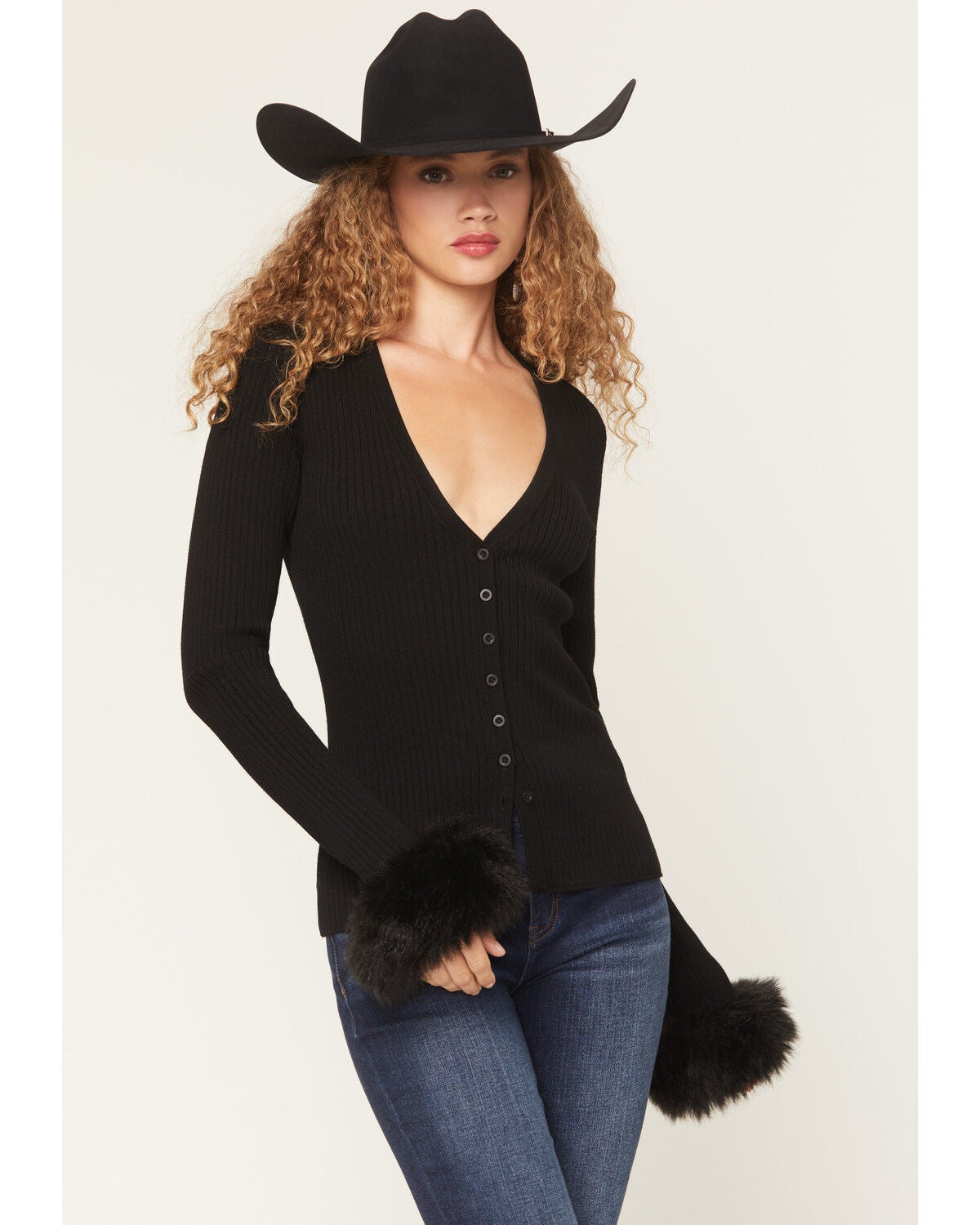 Show Me Your Mumu Women's Fluff Trim Long Sleeve Top, Black, hi-res