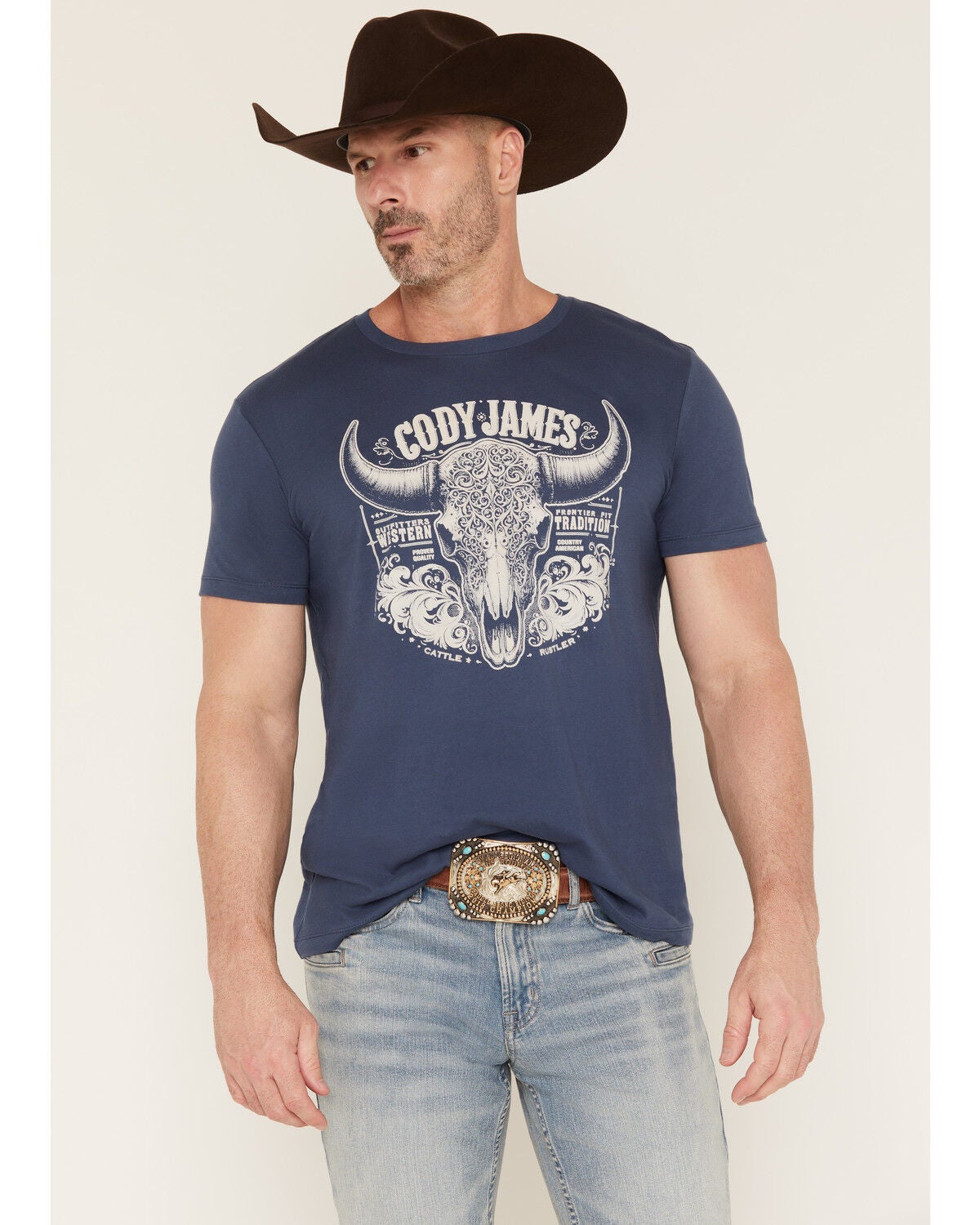 Image #1 - Cody James Men's Ornate Steerhead Skull Short Sleeve Graphic T-Shirt, Blue, hi-res
