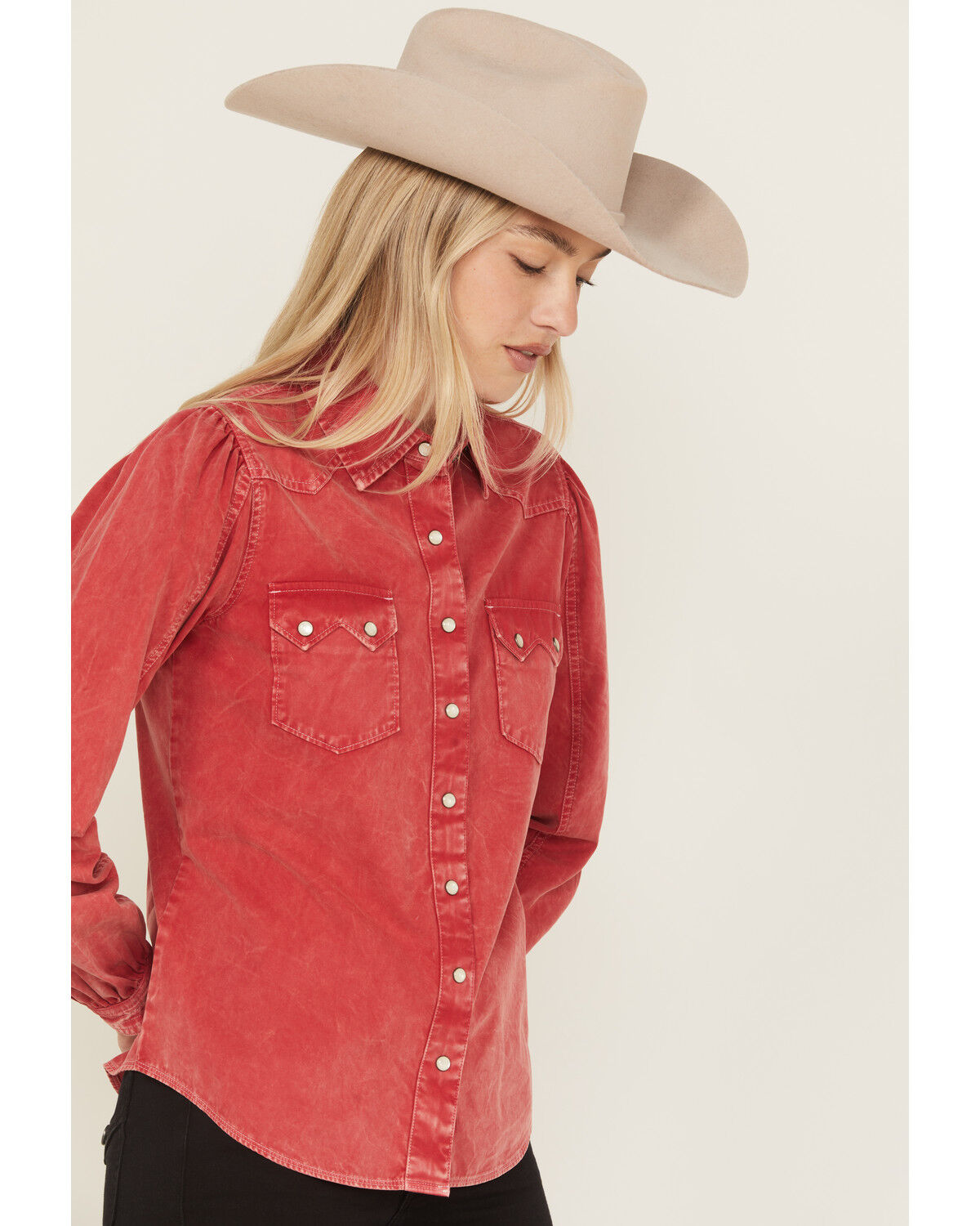 Image #2 - Cruel Girl Women's Solid Long Sleeve Snap Western Shirt, Red, hi-res