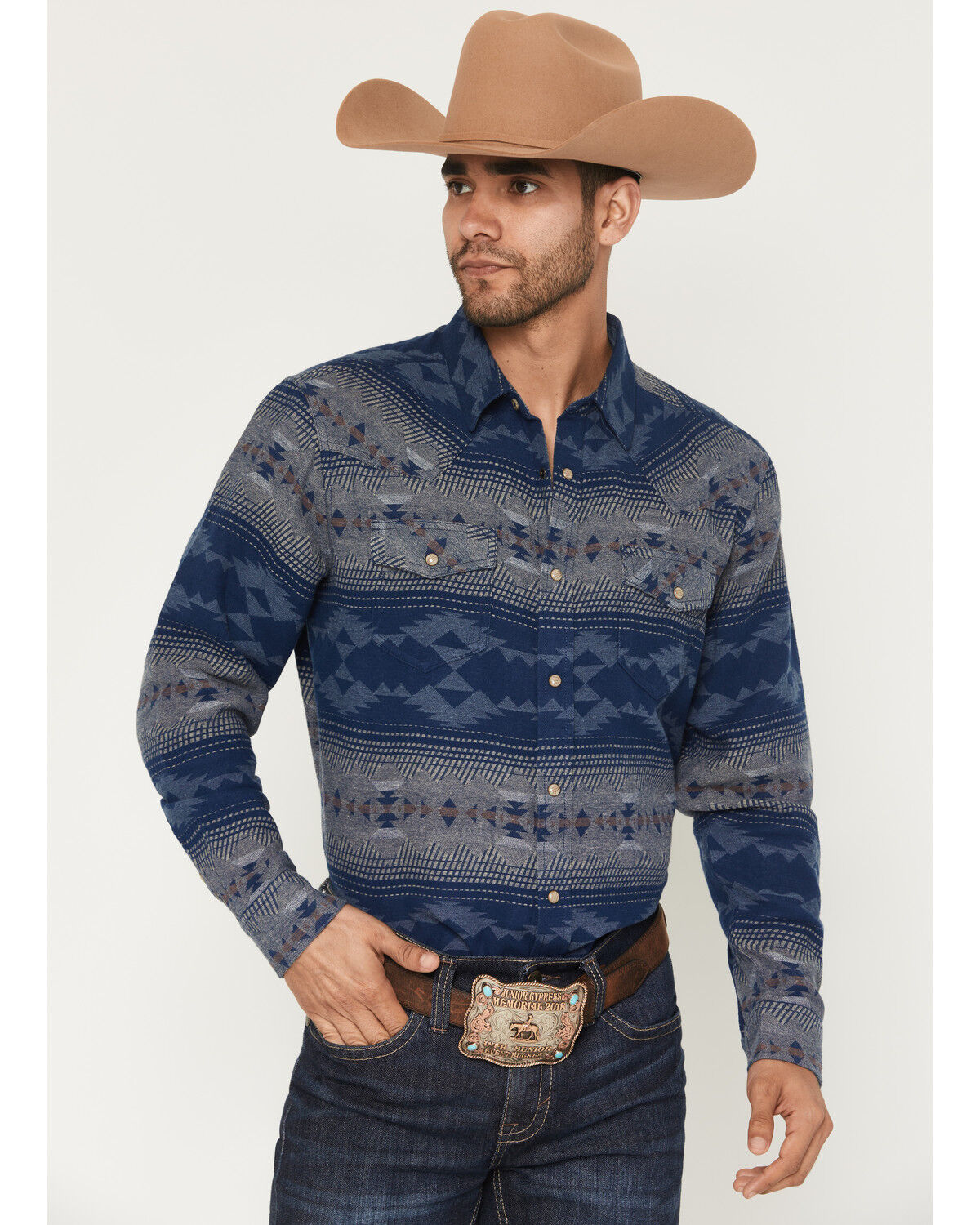 Image #1 - Cody James Men's Arrow Bear Southwestern Long Sleeve Snap Flannel Shirt - Big, Blue, hi-res