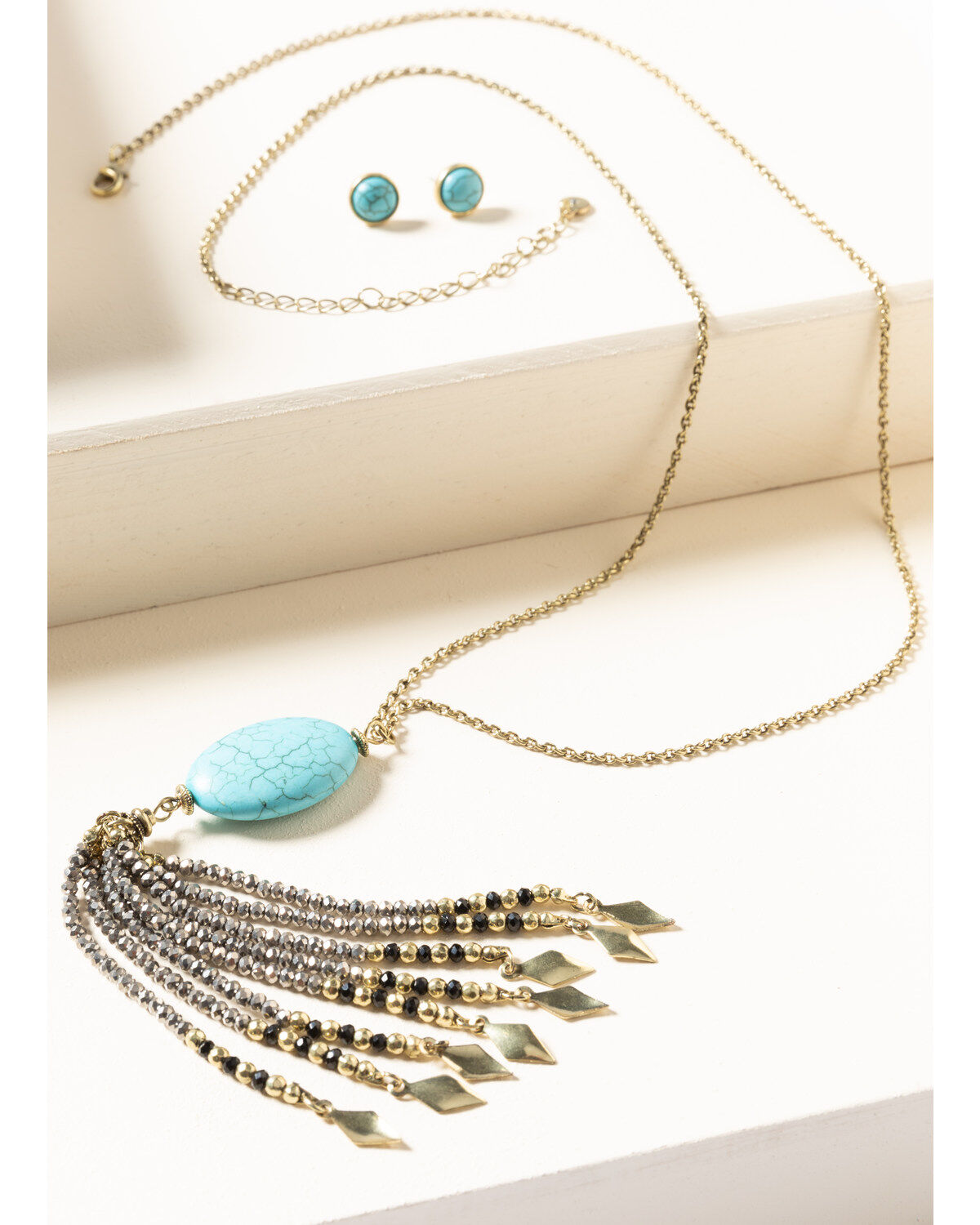 Image #1 - Shyanne Women's Gilded Gold Turquoise Stone Beaded Tassel Set, Gold, hi-res