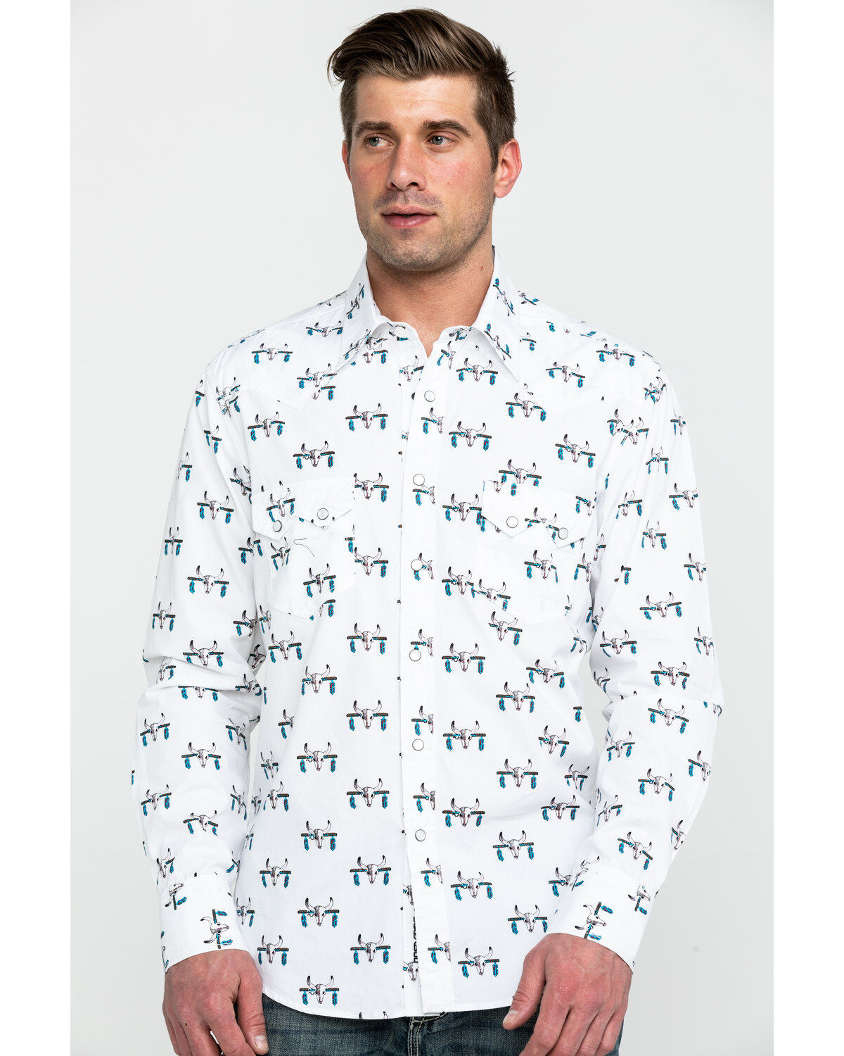 Image #1 - Rock & Roll Denim Men's Bull Skull Print Long Sleeve Western Shirt, Charcoal, hi-res
