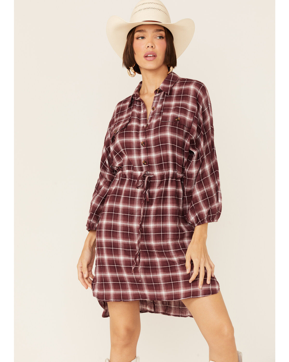 Image #4 - Wild Moss Women's Burgundy Long Sleeve Plaid Shirt Mini Dress, Burgundy, hi-res