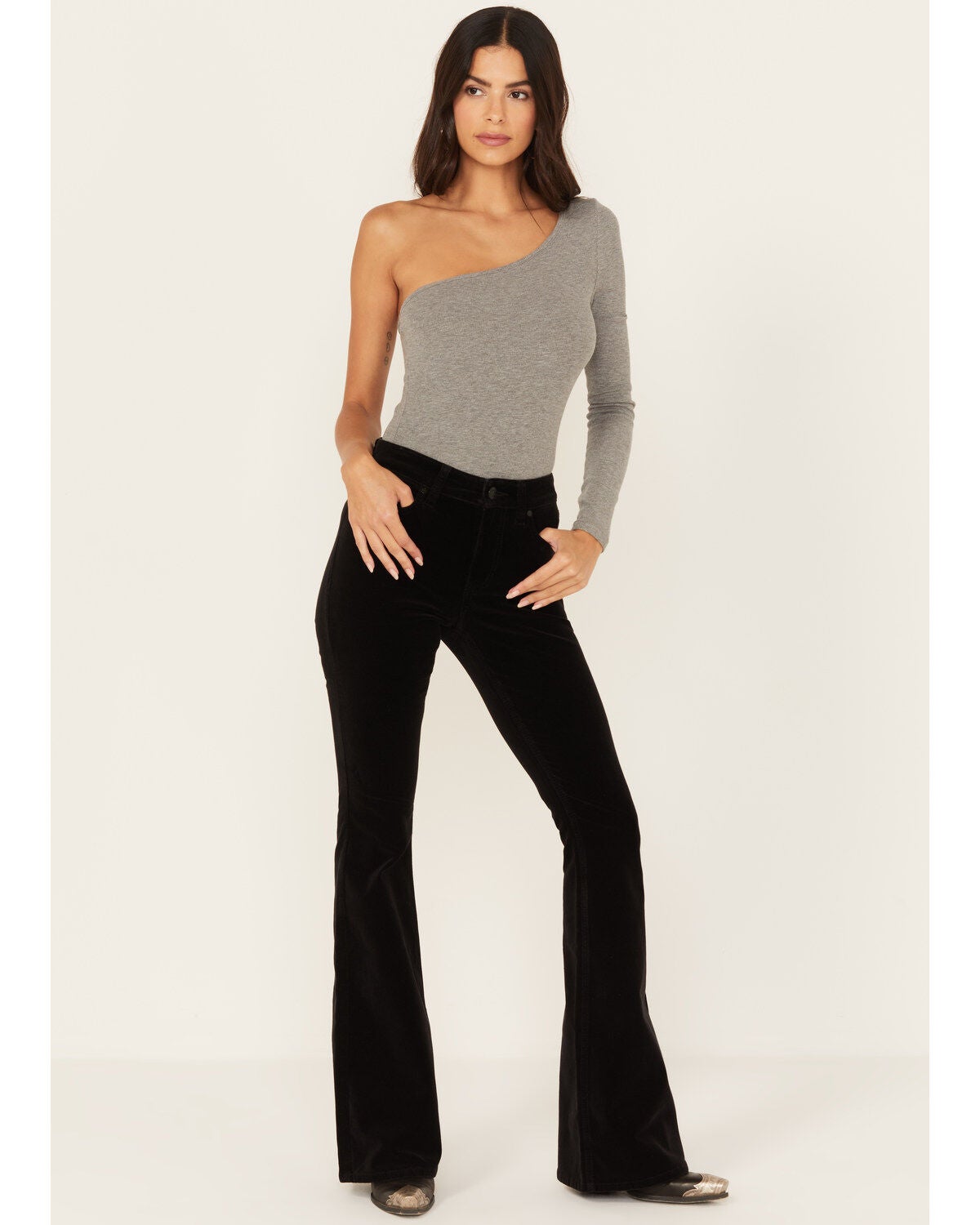 Shyanne Women's Black High Rise Velveteen Stretch Flare Jeans, Black, hi-res
