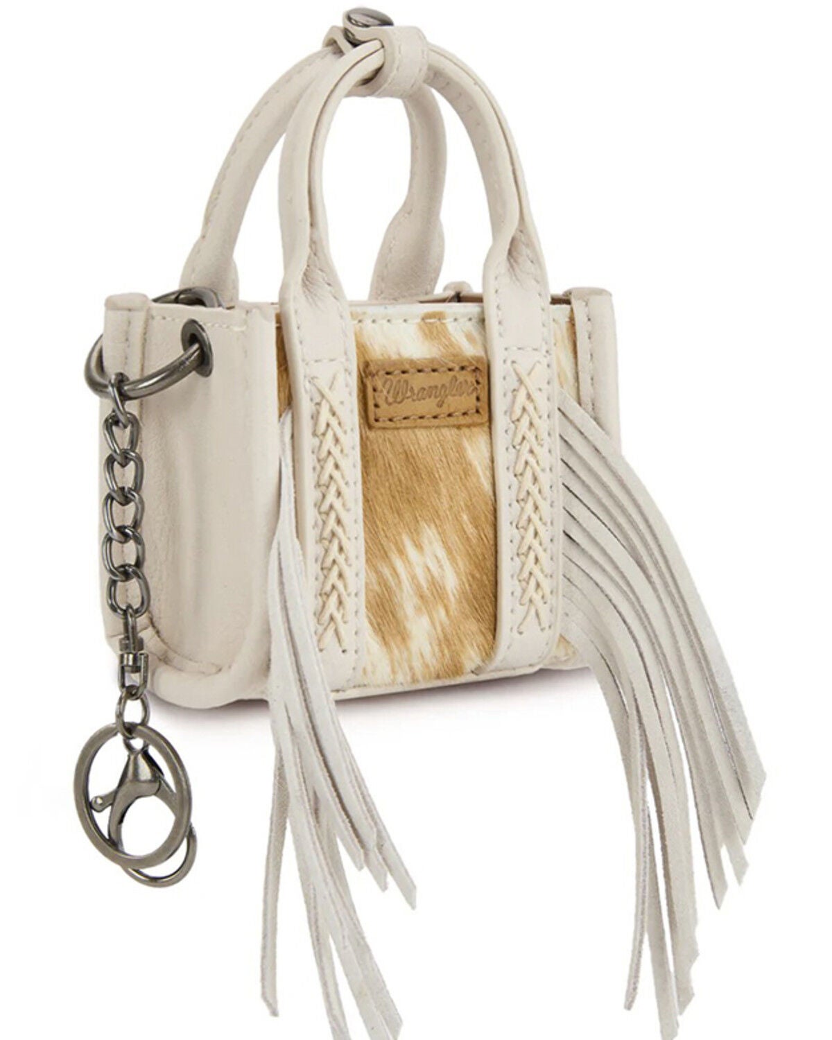 Image #2 - Wrangler Cowhide Mini Fringe Tote Keychain, Beige, hi-res
