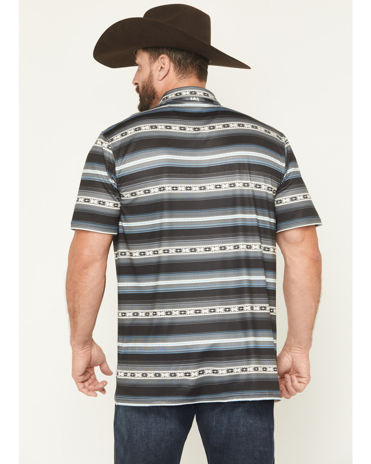 Image #4 - Cowboy Hardware Men's Southwestern Striped Print Short Sleeve Snap Polo, Black, hi-res