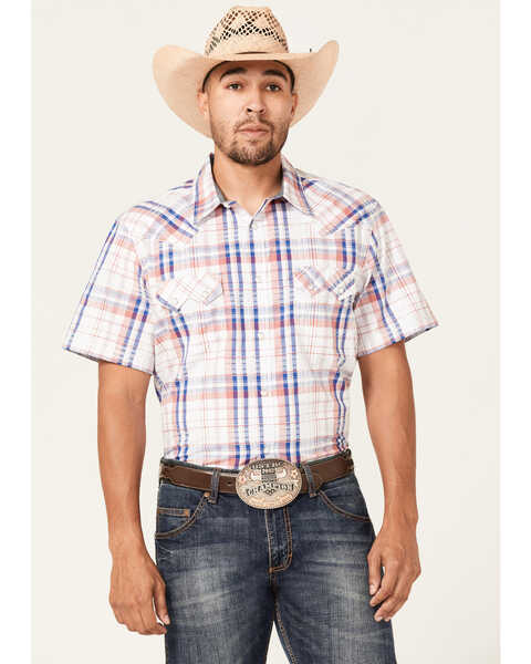 Cody James Men's Woodson Large Plaid Print Short Sleeve Snap Western Shirt , White, hi-res