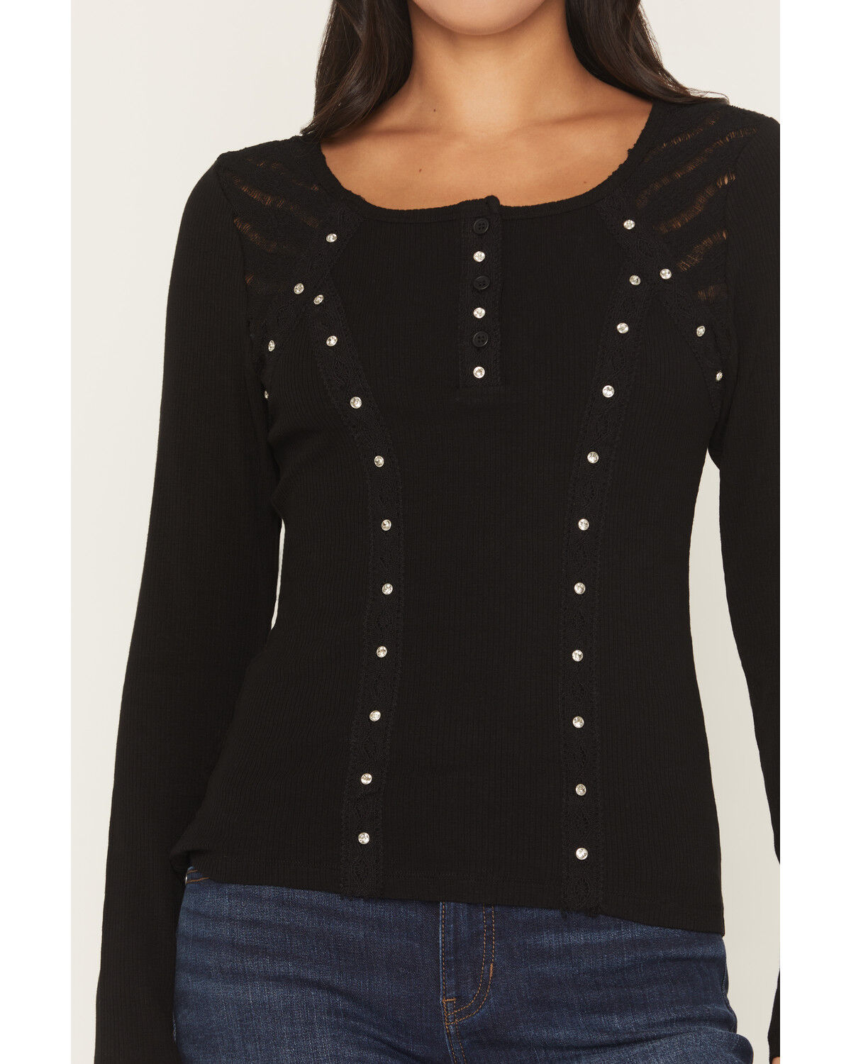 Image #3 - Miss Me Women's Embellished Lace Long Sleeve Shirt, Black, hi-res