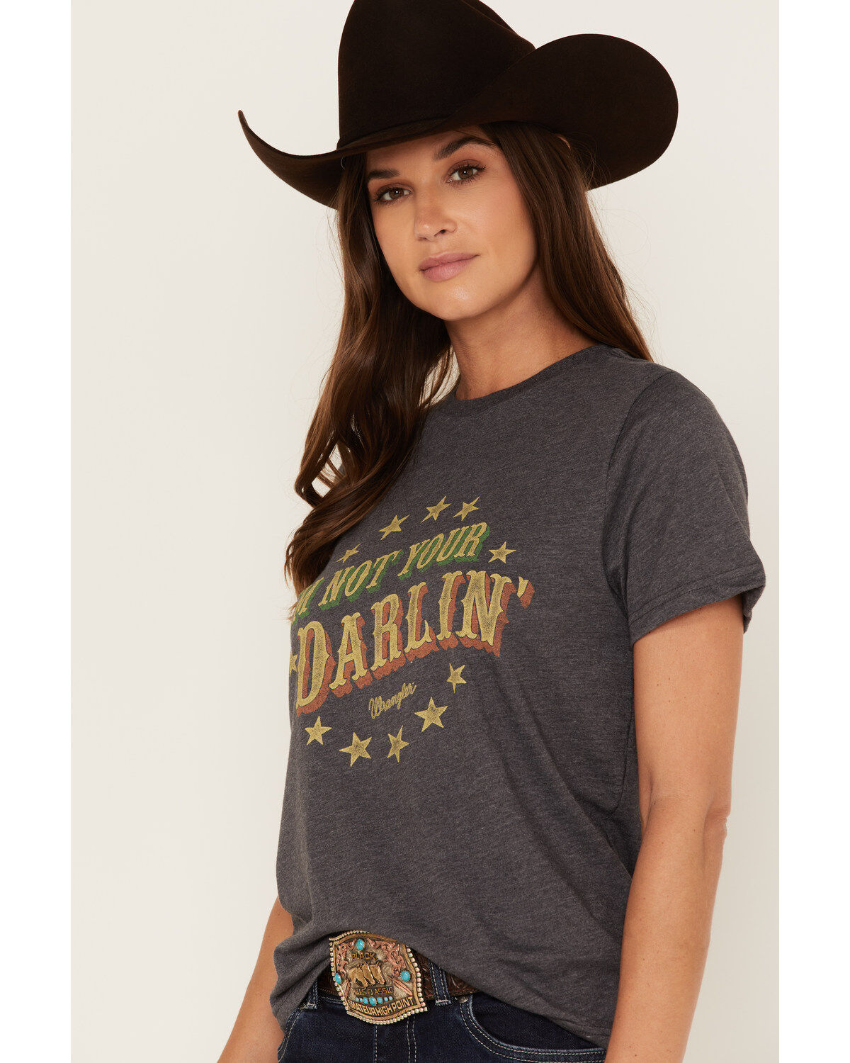 Image #2 - Wrangler Women's Boot Barn Exclusive I'm Not Your Darlin' Star Logo Short Sleeve Graphic Tee, Charcoal, hi-res