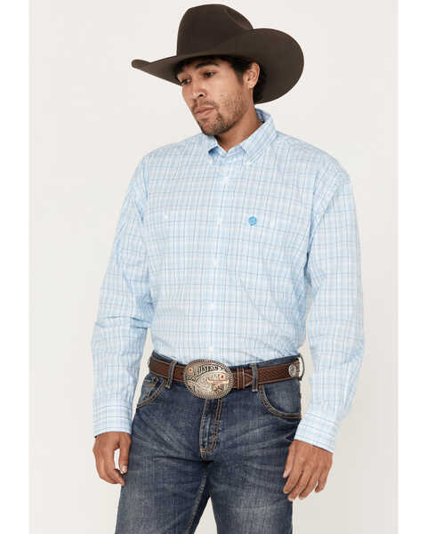 George Strait by Wrangler Men's Plaid Print Long Sleeve Button Down Western Shirt , Light Blue, hi-res