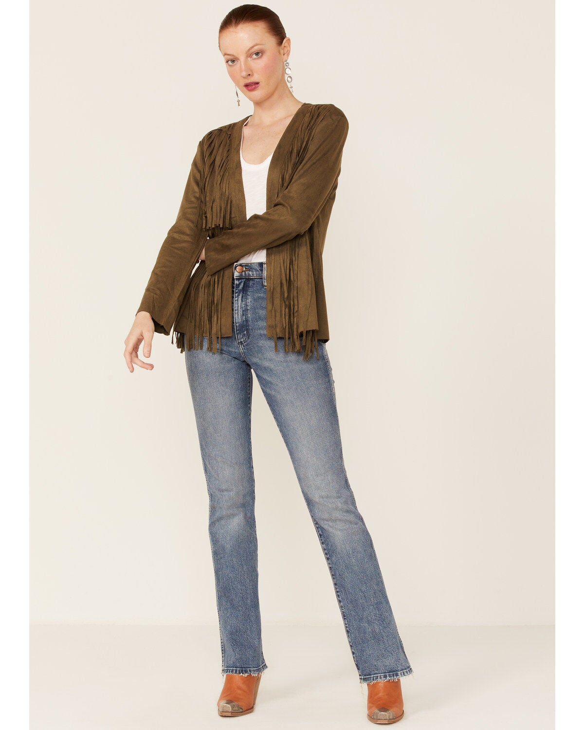 Image #4 - Vocal Women's Dark Olive Tiered Fringe Faux Suede Open-Front Jacket, , hi-res