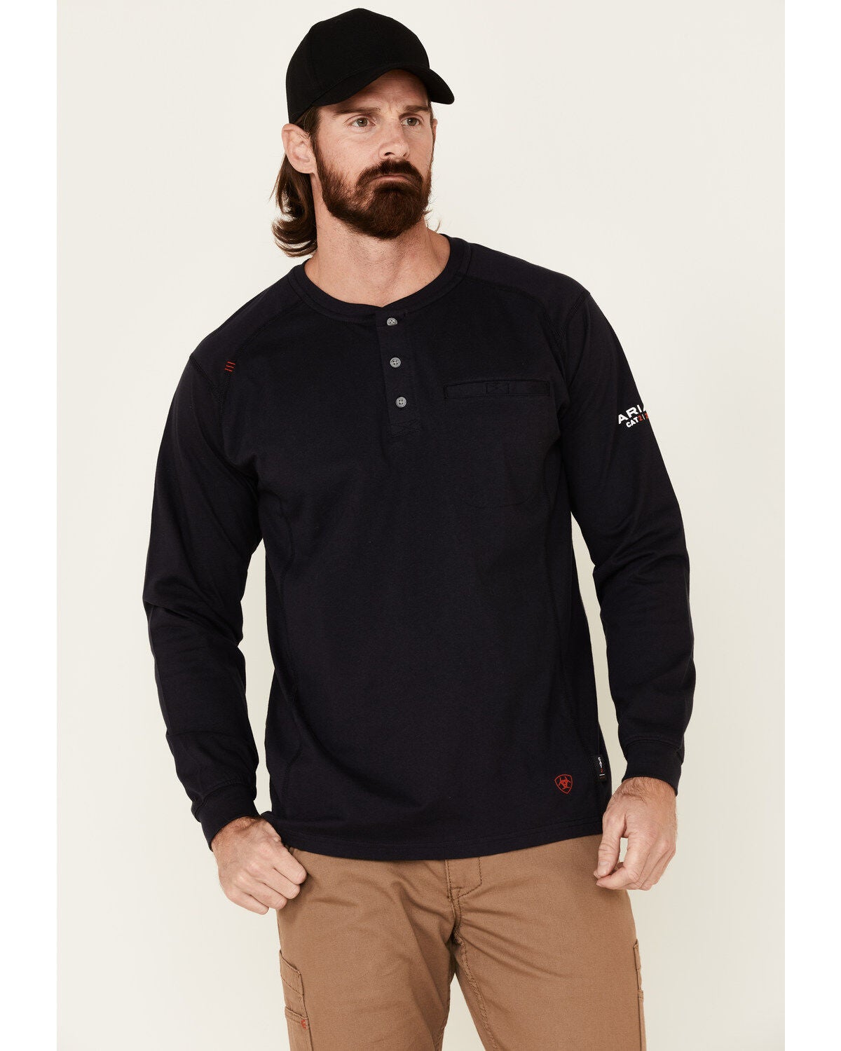 Ariat Men's FR Air Henley Long Sleeve Work Shirt, Navy, hi-res