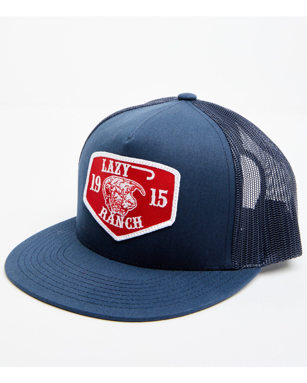 Lazy J Ranchwear Men's Navy Red Ranch Logo Patch Mesh Back Ball Cap, Navy, hi-res