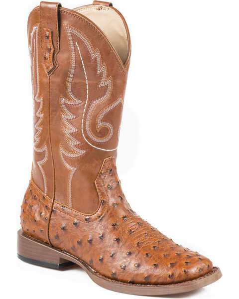 Roper Men's Faux Ostrich Cowboy Boots - Broad Square Toe, Tan, hi-res