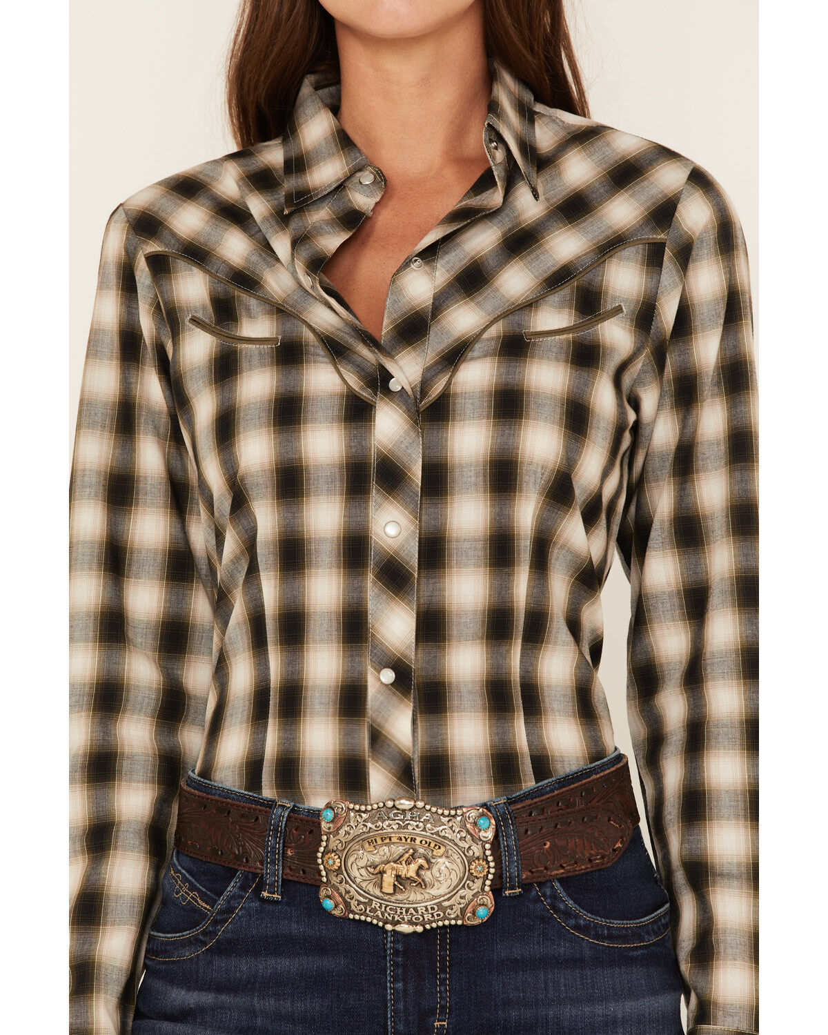 Image #3 - Roper Women's Plaid Print Long Sleeve Pearl Snap Western Shirt, Olive, hi-res