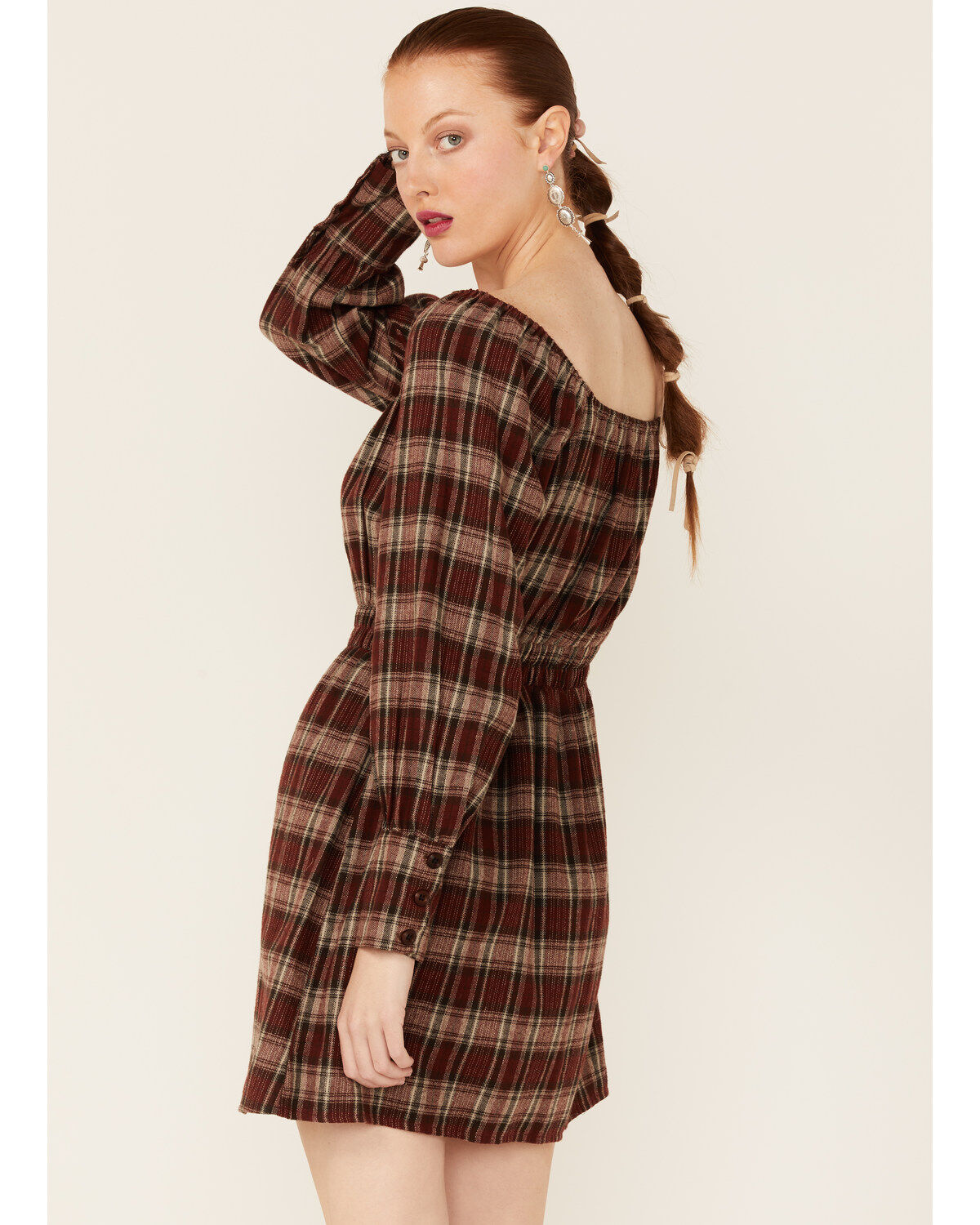 Image #3 - Paper Crane Women's Long Sleeve Plaid Mini Dress, Burgundy, hi-res