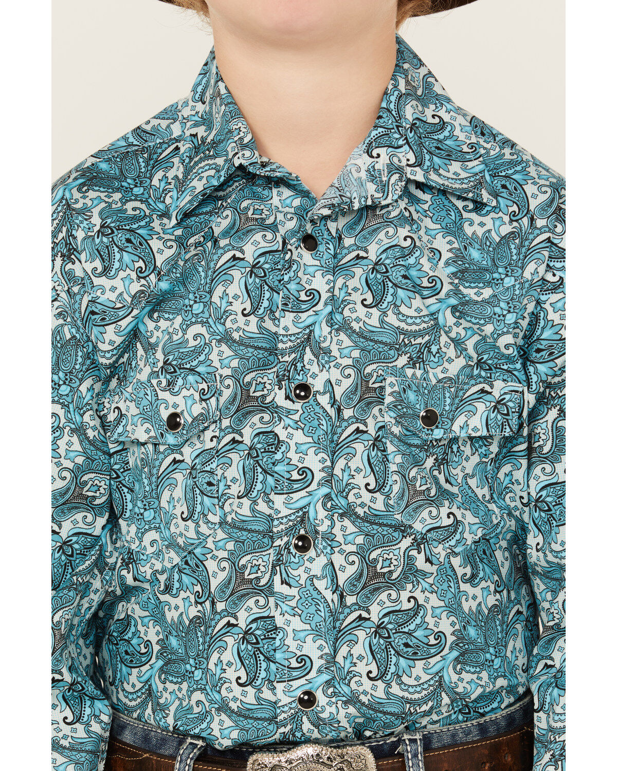 Product Name:  Rock & Roll Denim Boys' Paisley Print Long Sleeve Pearl Snap Stretch Western Shirt