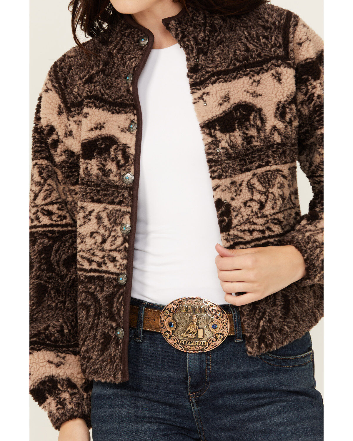 Image #3 - Shyanne Women's Buffalo Print Snap Sherpa Jacket, Chocolate, hi-res