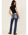 Image #1 - Miss Me Women's Dark Wash Mid Rise Cross Pocket Slim 32" Bootcut Stretch Denim Jeans, Medium Wash, hi-res