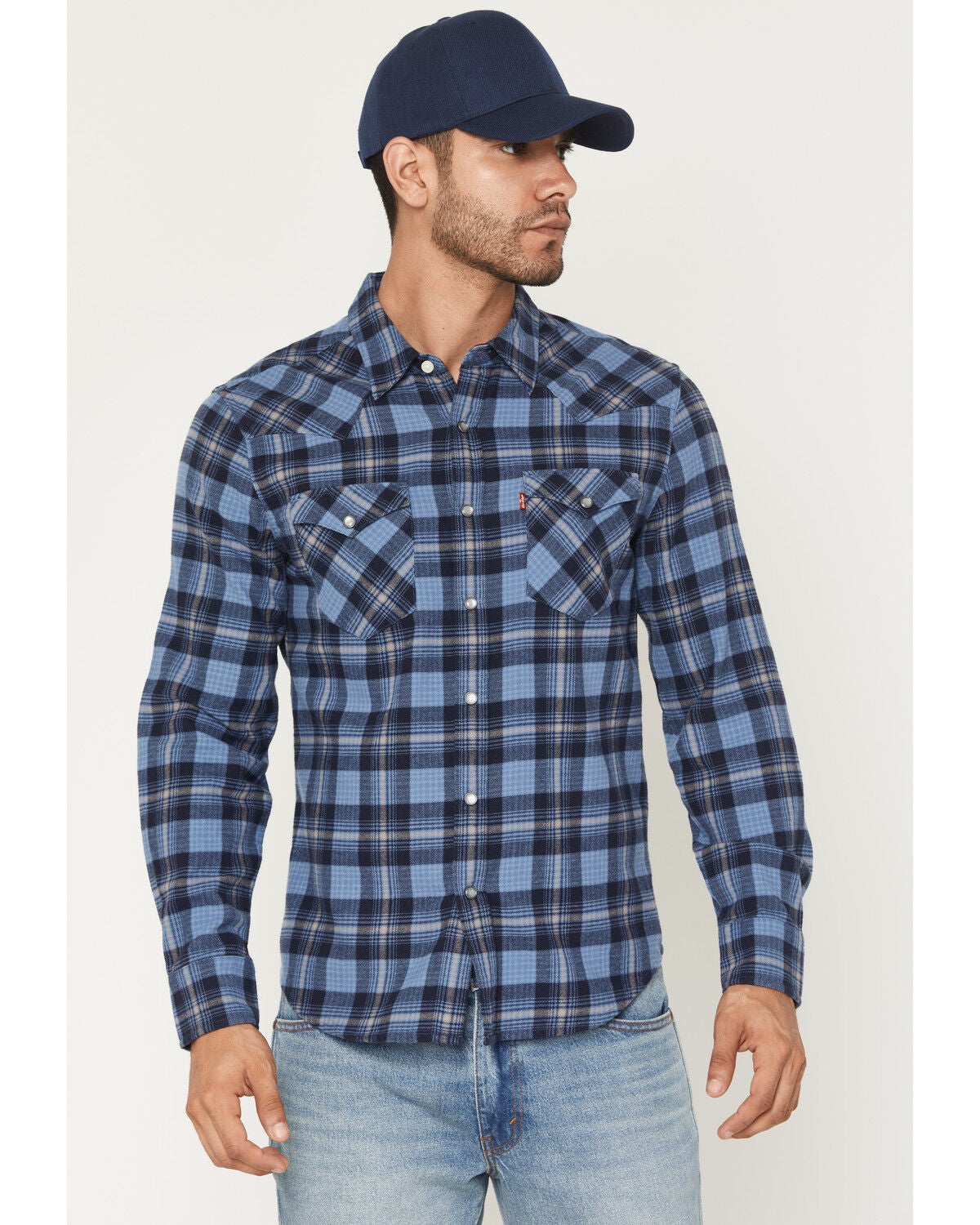 Levi's Men's Niklas Plaid Print Long Sleeve Snap Long Sleeve Flannel Shirt, Navy, hi-res