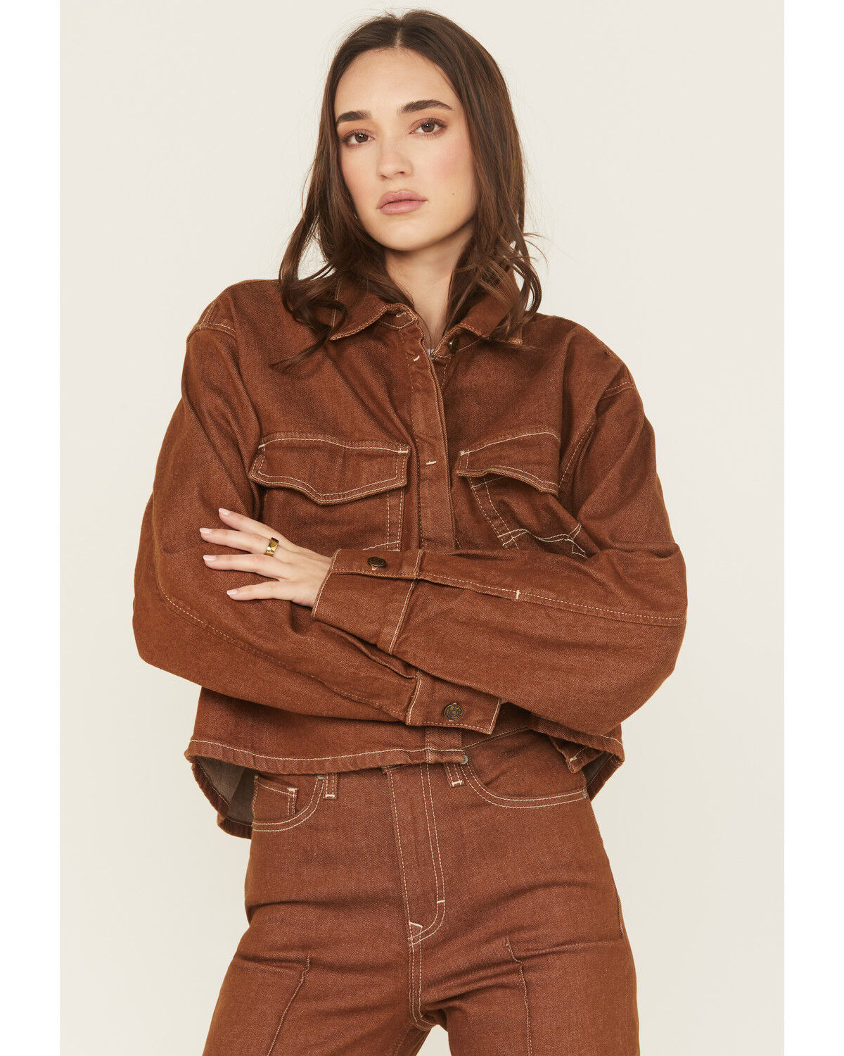 Image #1 - Ariat Women's Long Sleeve Boxy Cropped Denim Shirt, Brown, hi-res