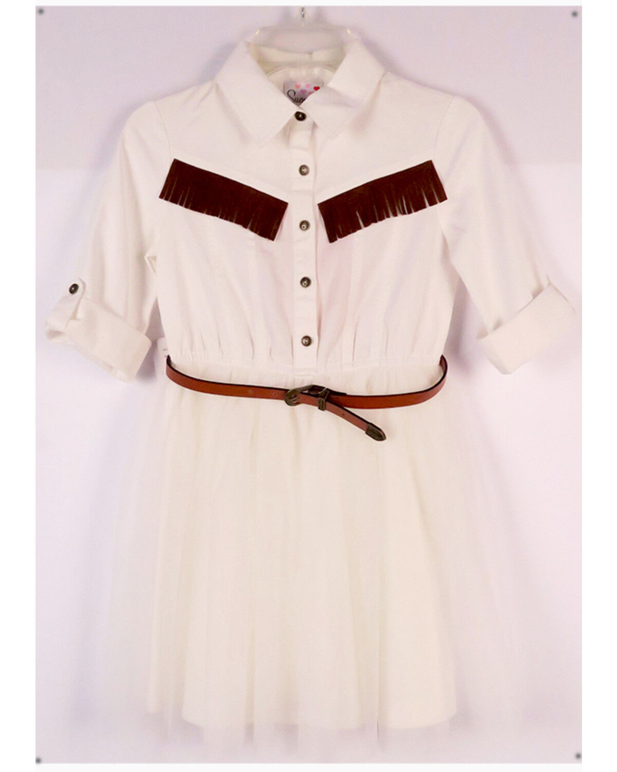 Image #1 - Sugar California Girls' Fringe Long Sleeve Button-Down Denim Tutu Dress, Ivory, hi-res