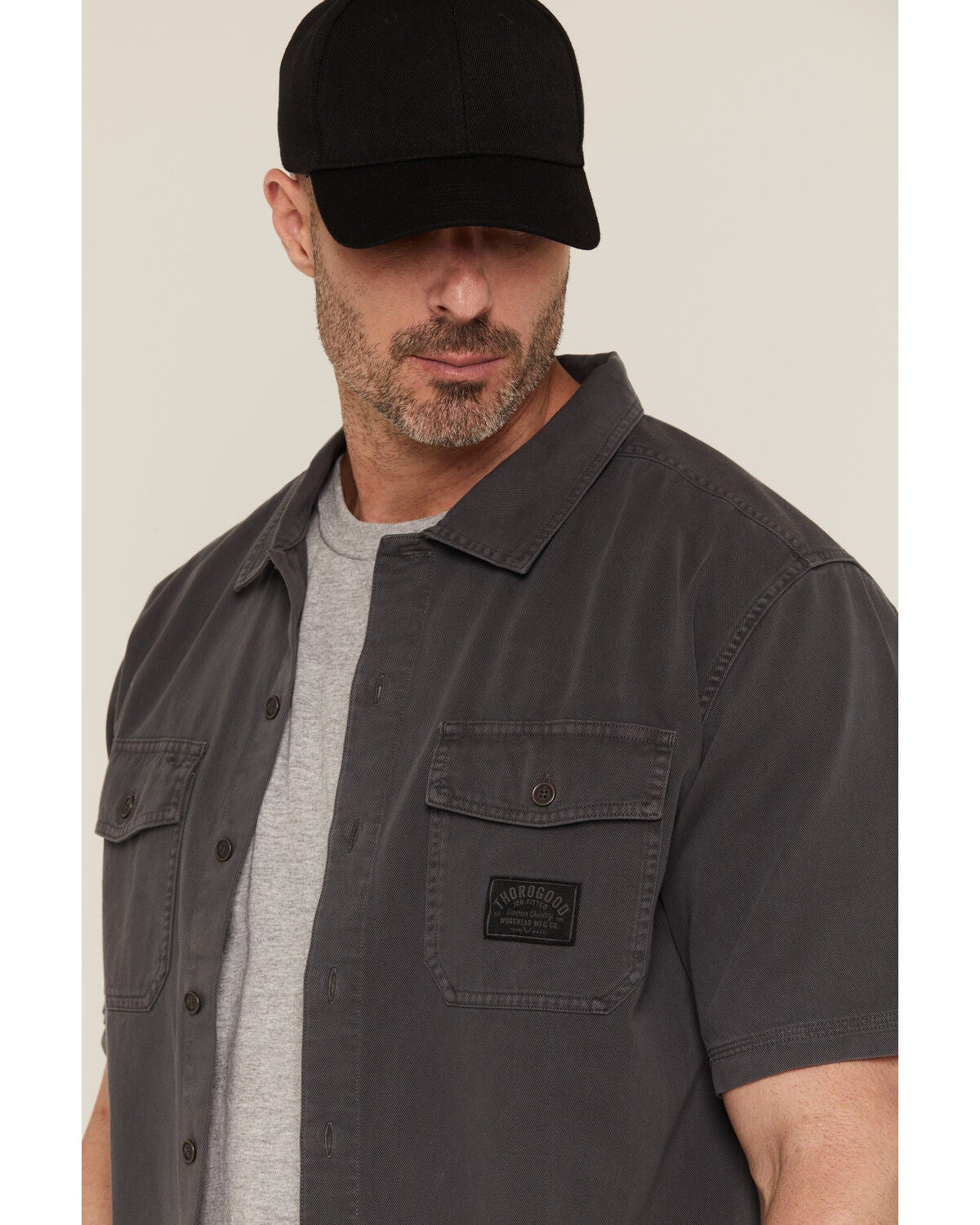 Image #2 - Thorogood Men's Solid Washed Garage Short Sleeve Button-Down Shirt, Charcoal, hi-res