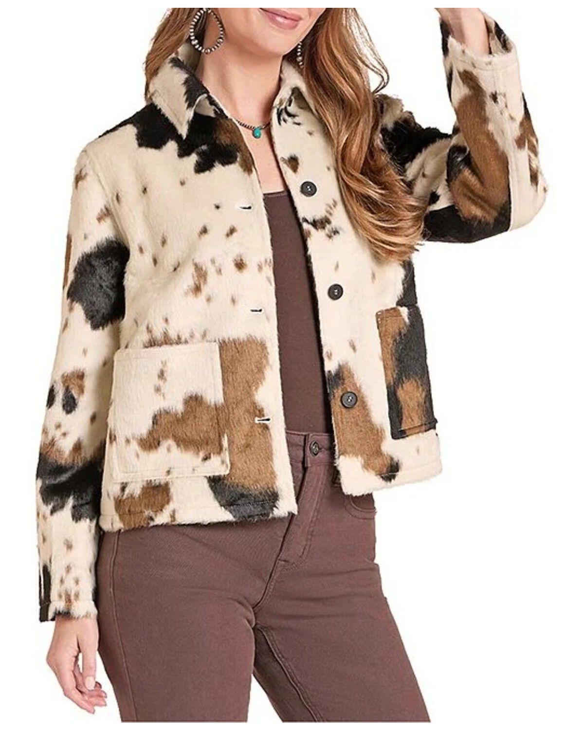 Image #1 - Rock  & Roll Denim Women's Cow Print Faux Fur Jacket, Cream, hi-res