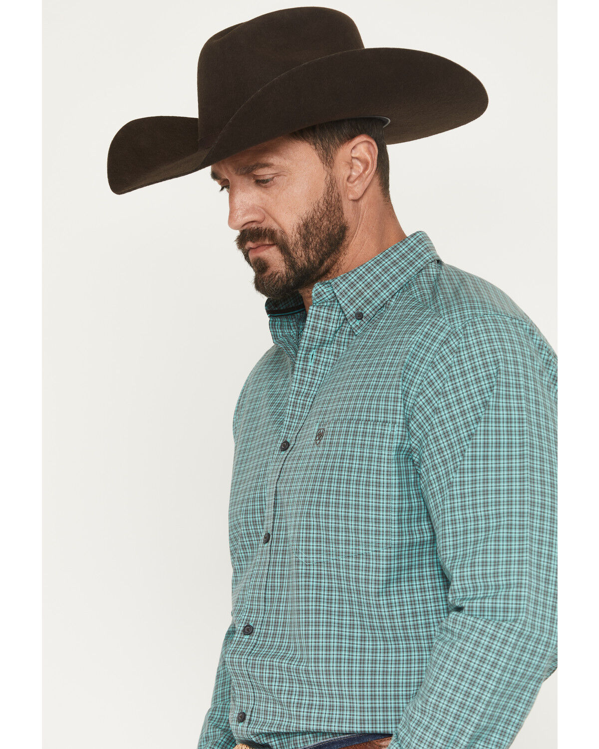 Image #2 - Ariat Men's Pro Series Brooks Plaid Print Long Sleeve Button-Down Stretch Western Shirt, Aqua, hi-res