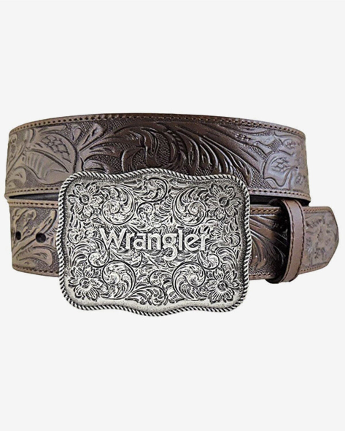 Image #1 - Wrangler Men's Tooled Leather Belt, Chocolate, hi-res