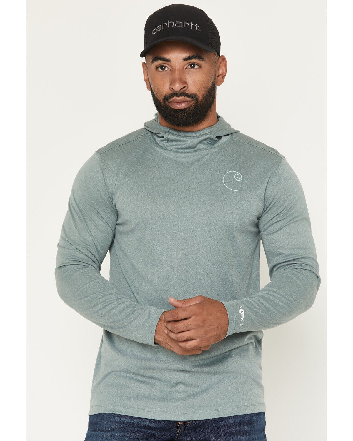 Image #1 - Carhartt Men's Force Sun Defender&trade; Relaxed Fit Logo Hooded Shirt, Green, hi-res
