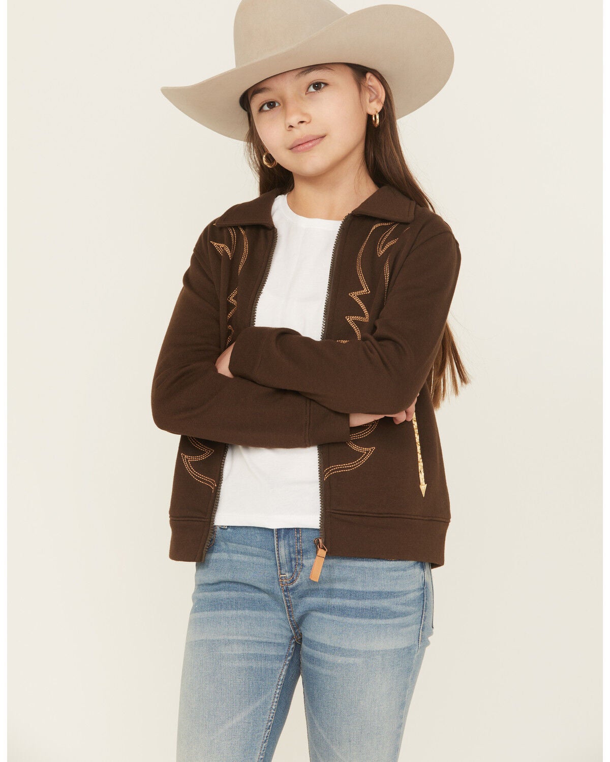 Cruel Girl Girls' Boot Stitch Embroidered Bomber Jacket, Brown, hi-res