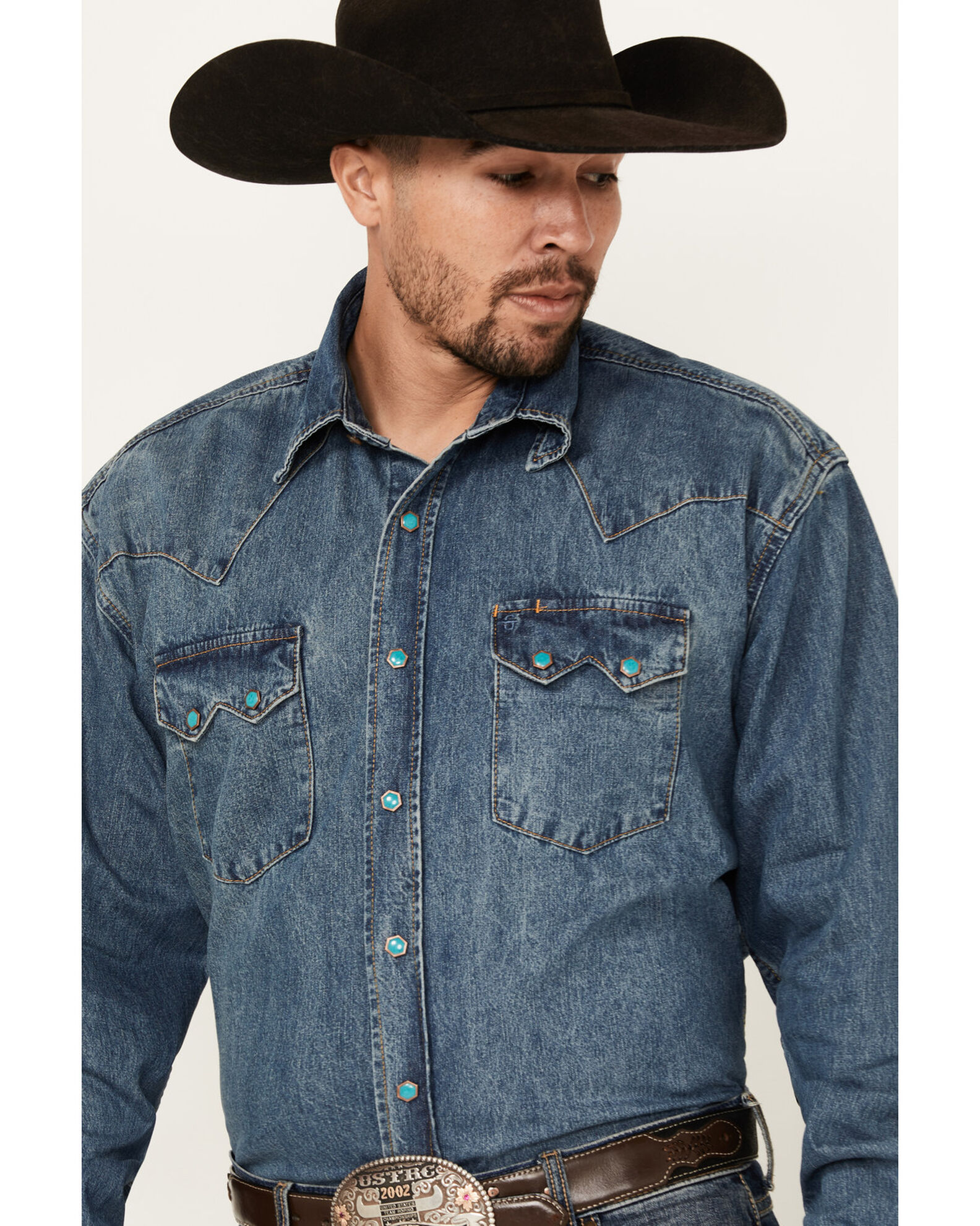 Image #2 - Stetson Men's Denim Long Sleeve Snap Western Shirt, Denim, hi-res