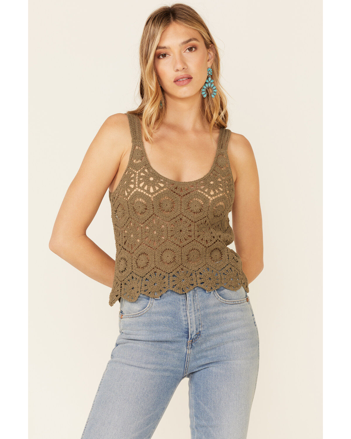Image #1 - Very J Women's Crochet Knit Sweater Tank Top, Olive, hi-res