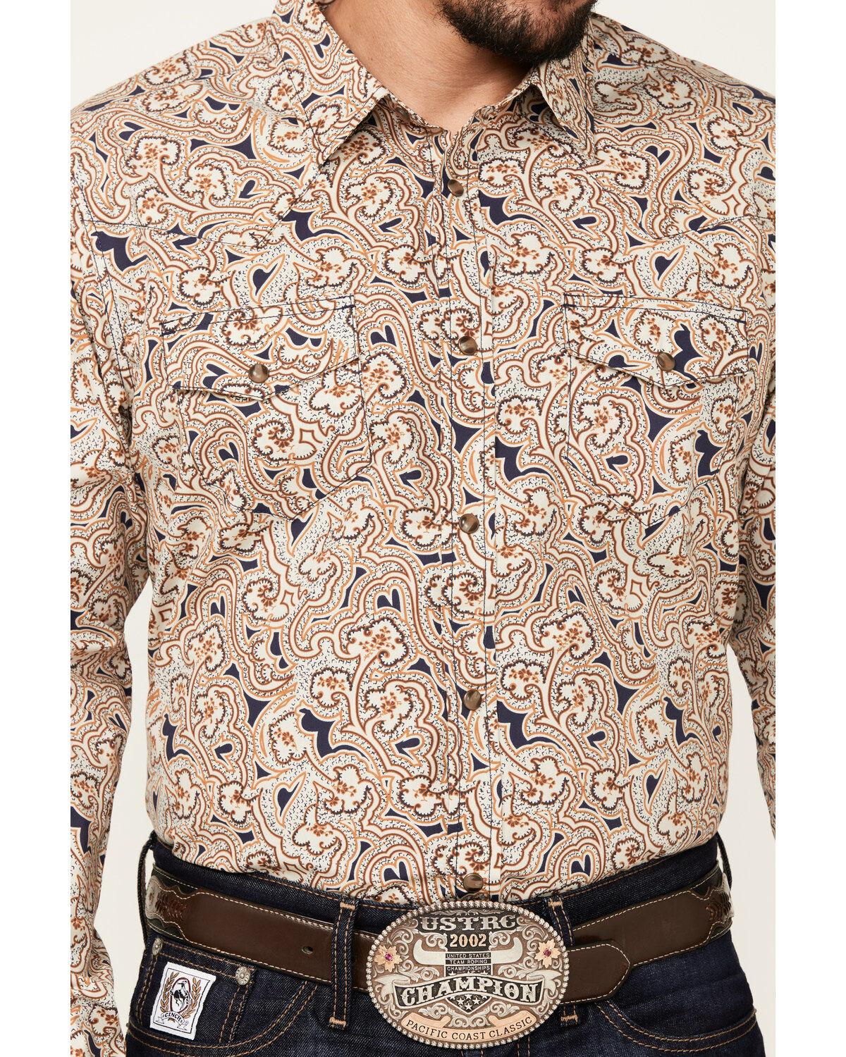 Image #3 - Gibson Men's Jackpot Paisley Print Long Sleeve Snap Western Shirt, Tan, hi-res