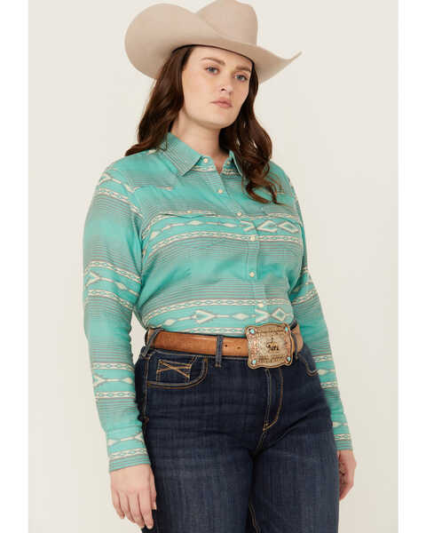 Ariat Women's R.E.A.L Jadeite Jacquard Southwestern Print Long Sleeve Snap Western Shirt - Plus , Turquoise, hi-res