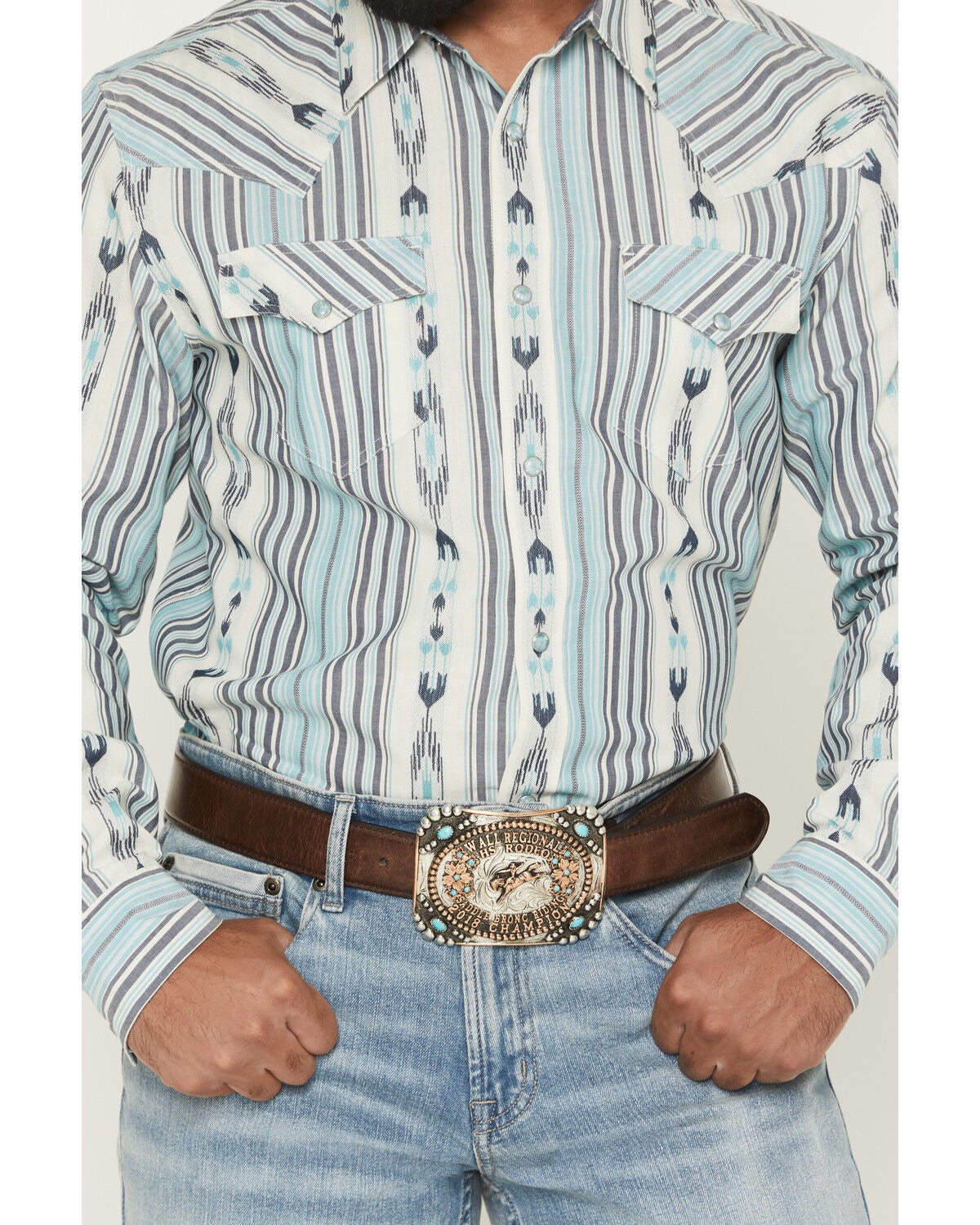 Image #3 - Cody James Men's Heath Southwestern Striped Long Sleeve Snap Stretch Western Shirt, Blue, hi-res