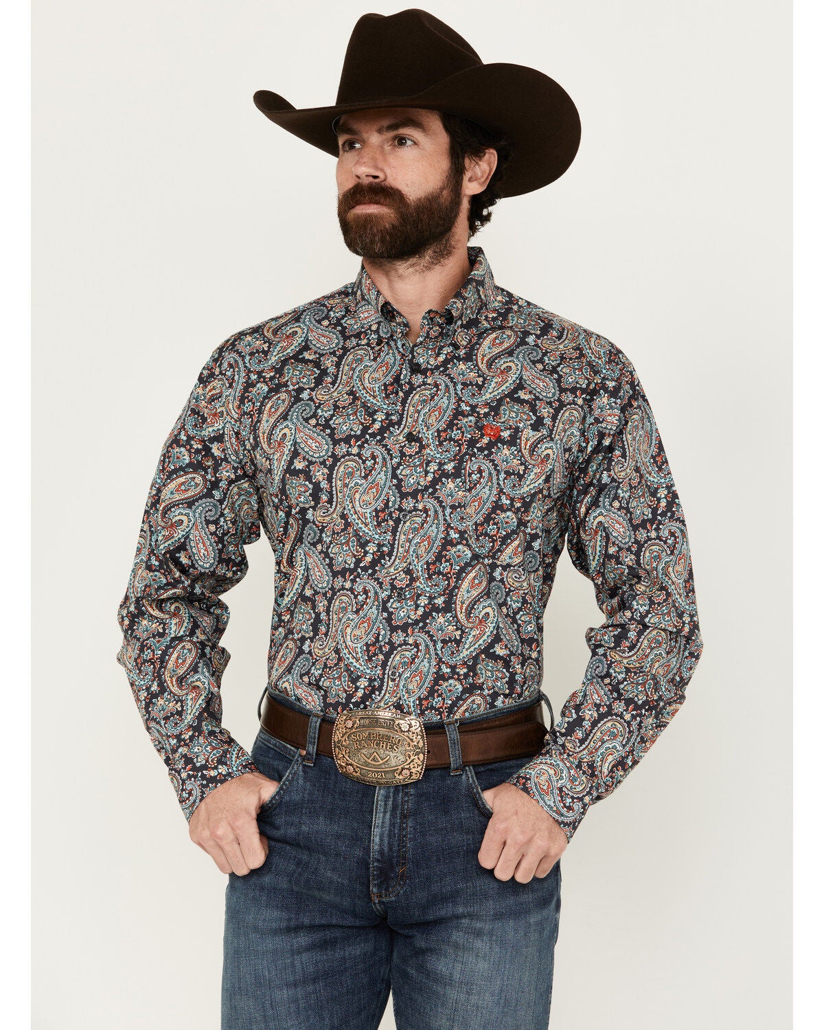 Cinch Men's Exploded Paisley Print Long Sleeve Button-Down Western Shirt, Charcoal, hi-res