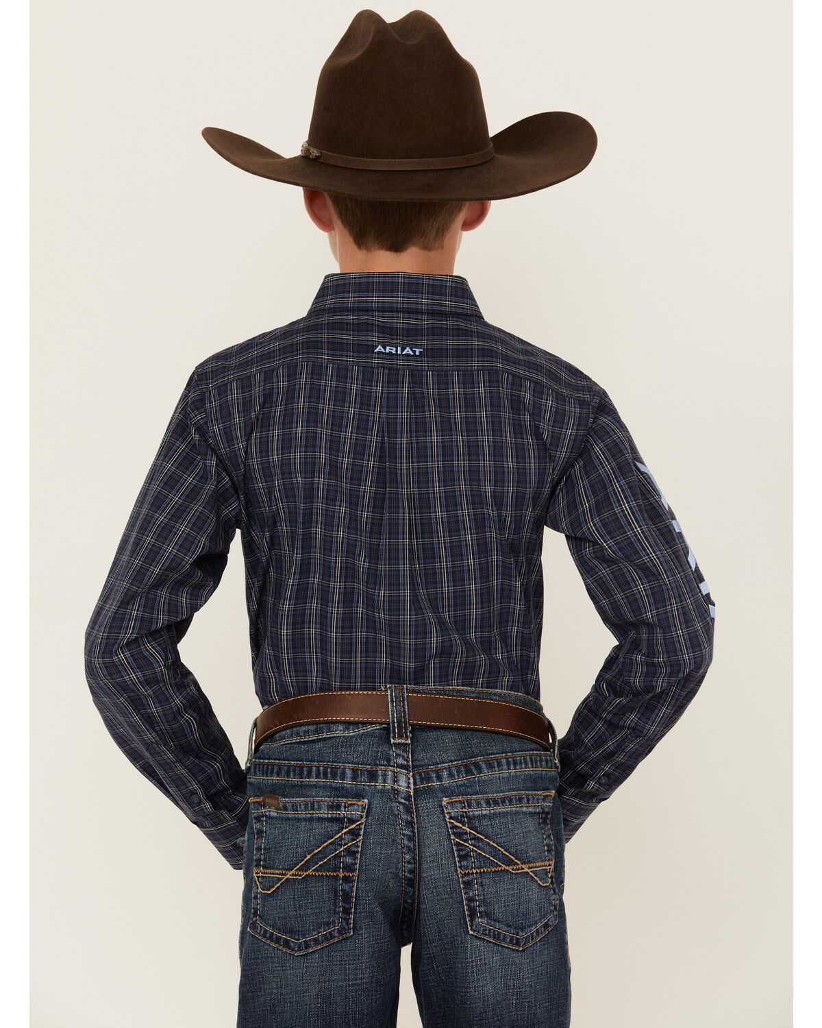 Image #4 - Ariat Boys' Team Plaid Print Long Sleeve Button-Down Western Shirt, Navy, hi-res