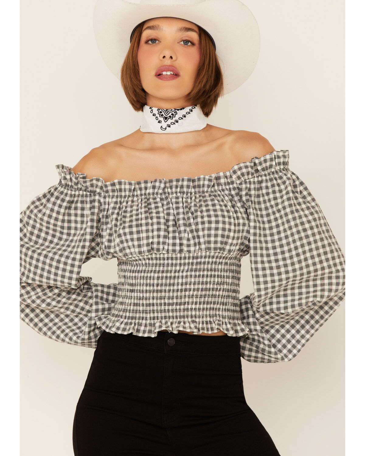 Image #2 - Beyond The Radar Women's Checkered Long Sleeve Crop Peasant Top, Black/white, hi-res