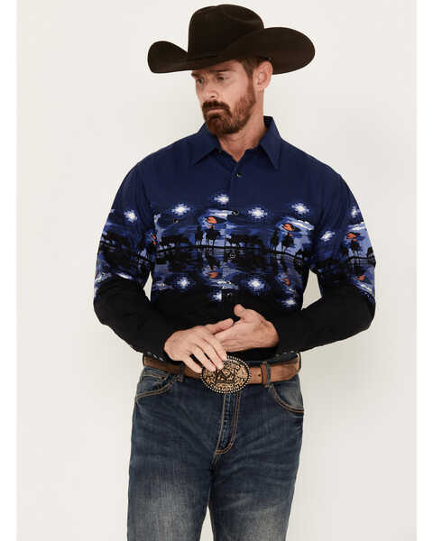 Panhandle Men's Cowboy Border Print Long Sleeve Snap Western Shirt, Blue, hi-res