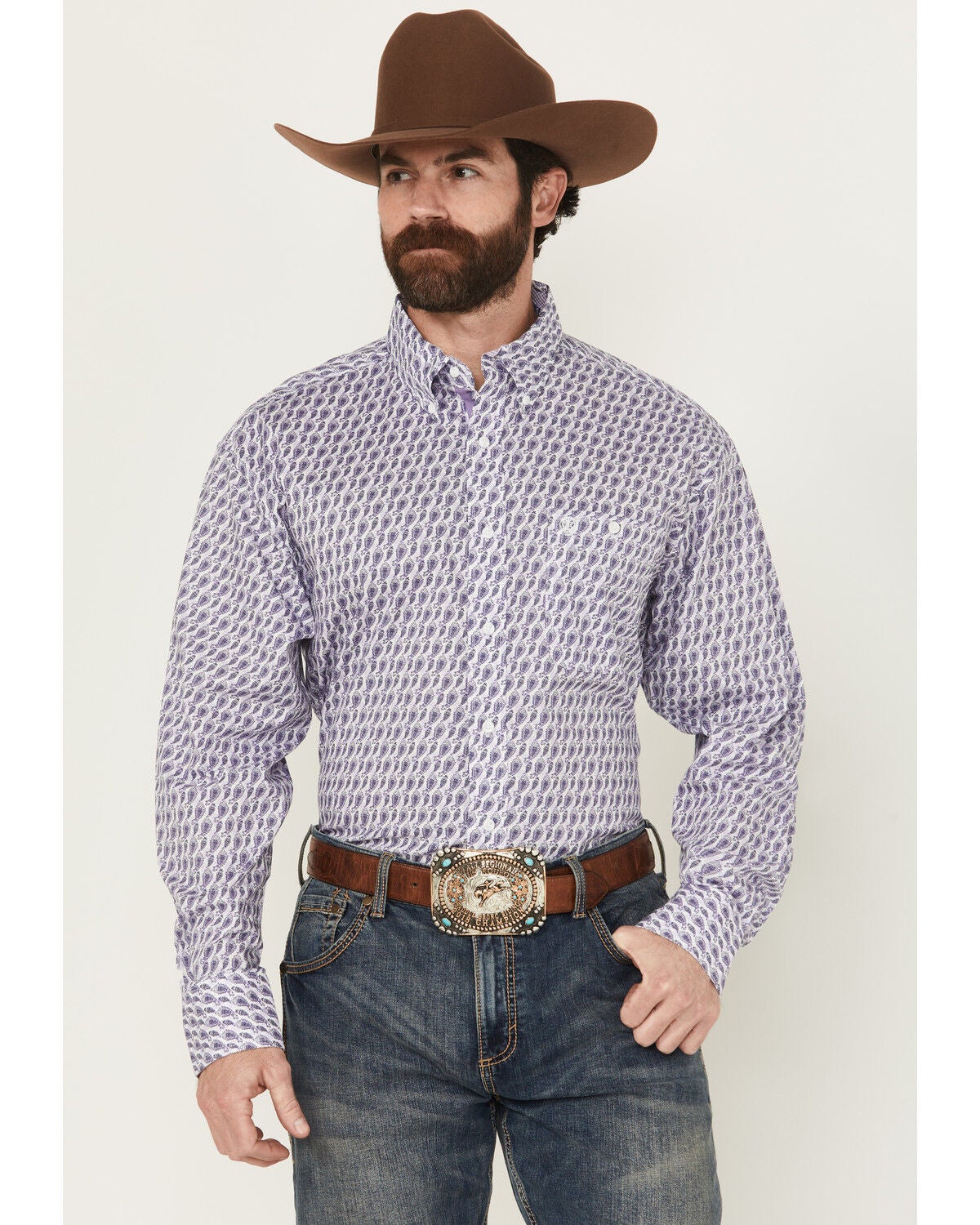George Strait by Wrangler Men's Paisley Print Long Sleeve Button-Down Stretch Western Shirt, Purple, hi-res