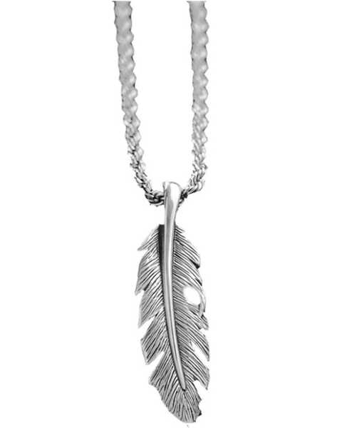 M & F Western Men's Silver Twisted Feather Necklace, Silver, hi-res