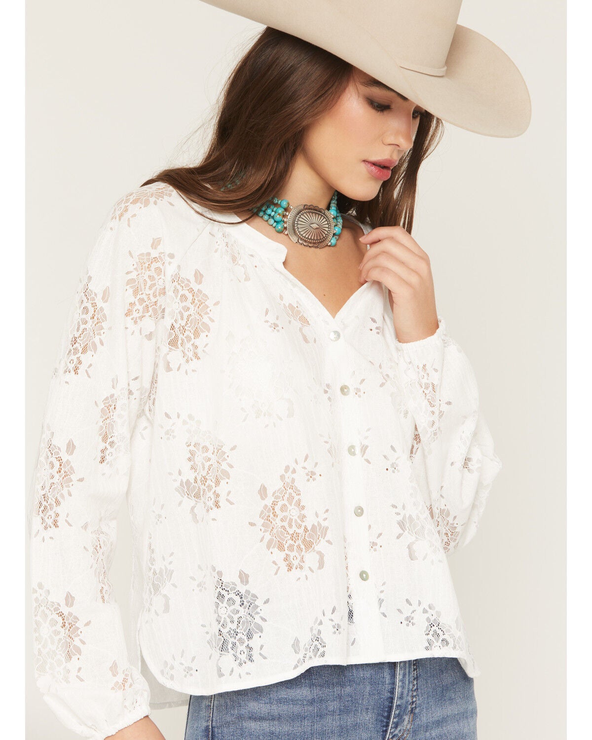 Image #2 - Wild Moss Women's Solid Lace Long Sleeve Button-Down Peasant Top, White, hi-res