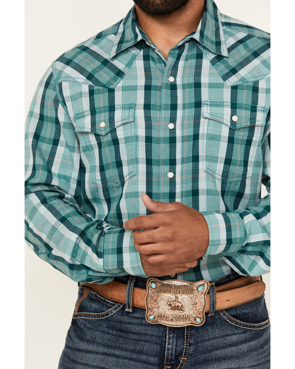 Image #3 - Wrangler Retro Men's Plaid Print Long Sleeve Snap Western Shirt, Turquoise, hi-res