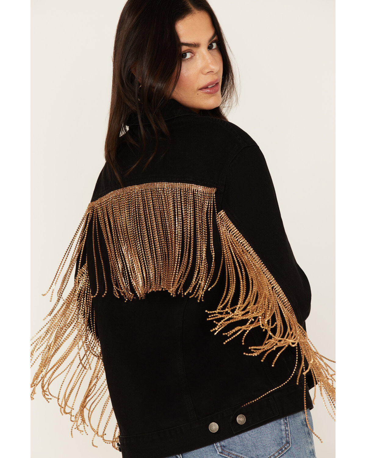 Image #4 - The Harley Jacket by DanielXDiamond: Women's Black Denim Jacket with Gold Fringe, Black, hi-res